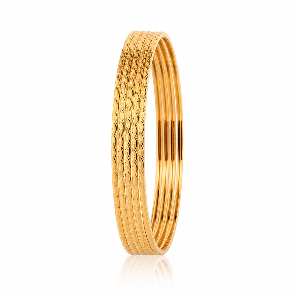 Stack of five 18K mermaid bangles upright
