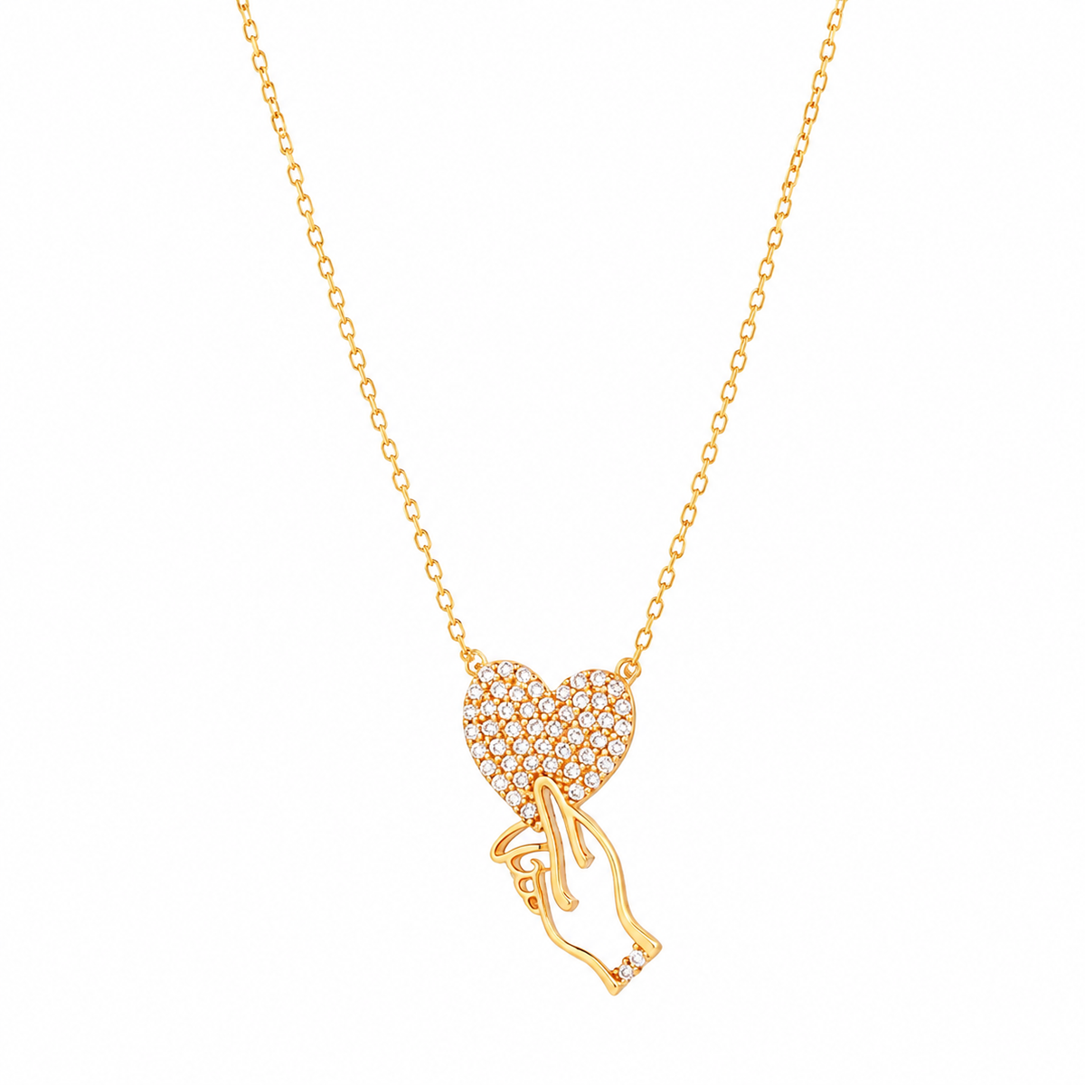 21k yellow gold heart necklace with pave set man-made stones
