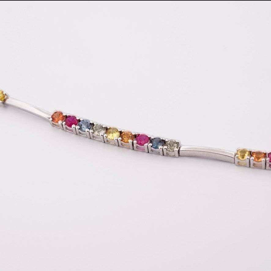 Gemmas Jewelry Edit Liora bracelet with colorful sapphires set in white gold.