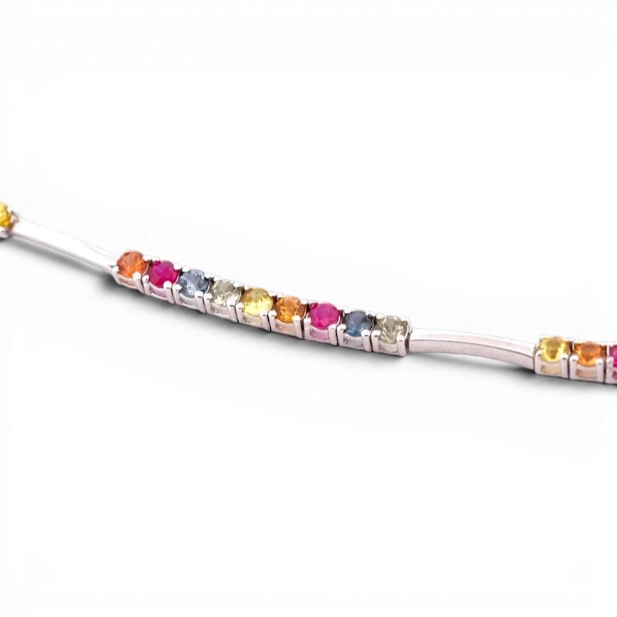 Gemmas Jewelry Edit Liora bracelet with a vibrant sequence of natural sapphires in a white gold setting.
