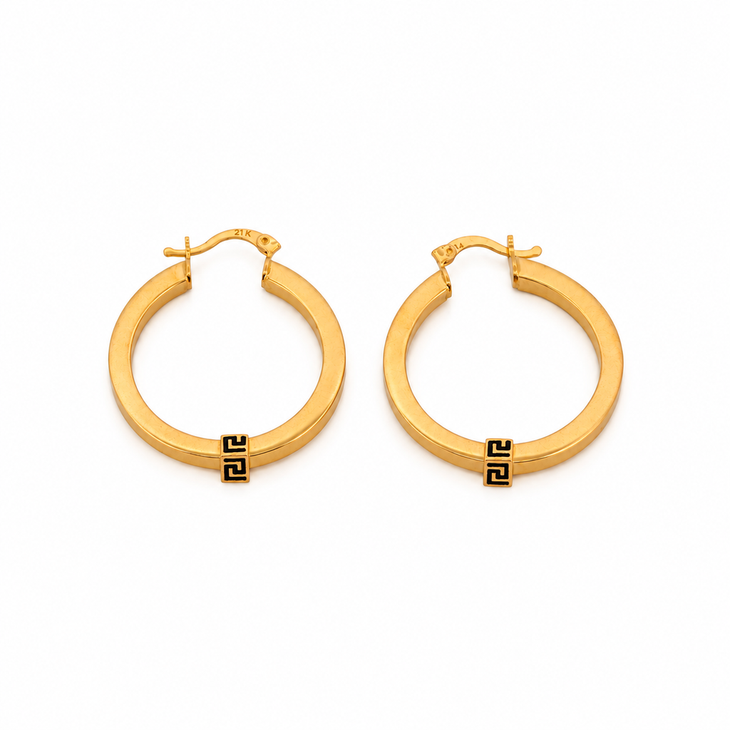 The Greca Hoops 21k yellow gold black enamel Greek key earrings