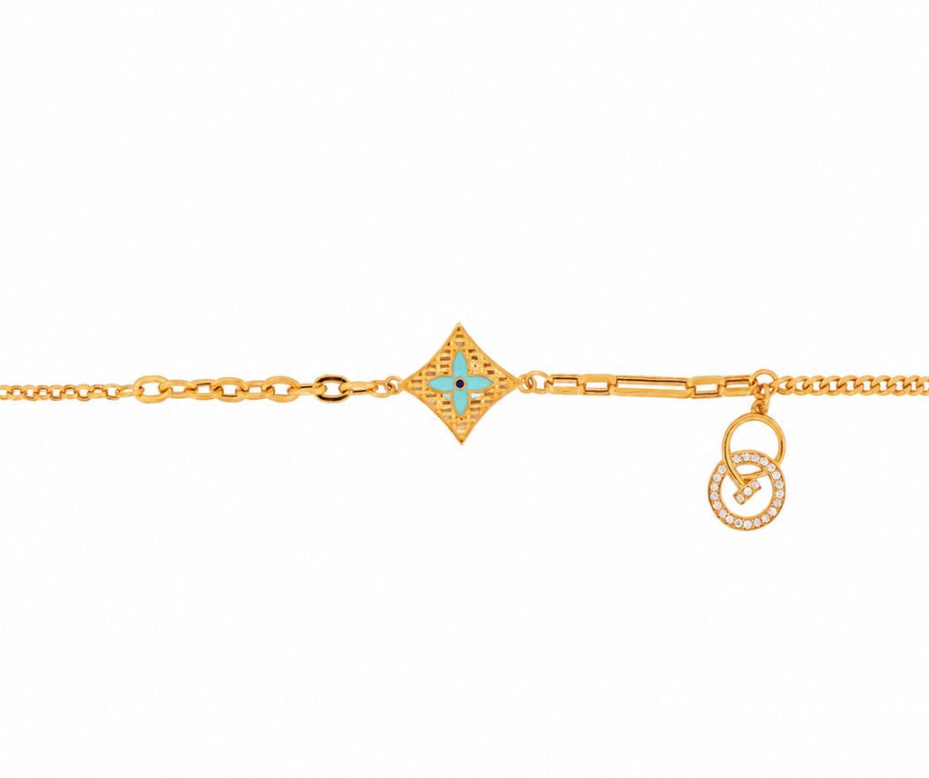 The Mina Bracelet 21k yellow gold bracelet with turquoise enamel and man-made stones
