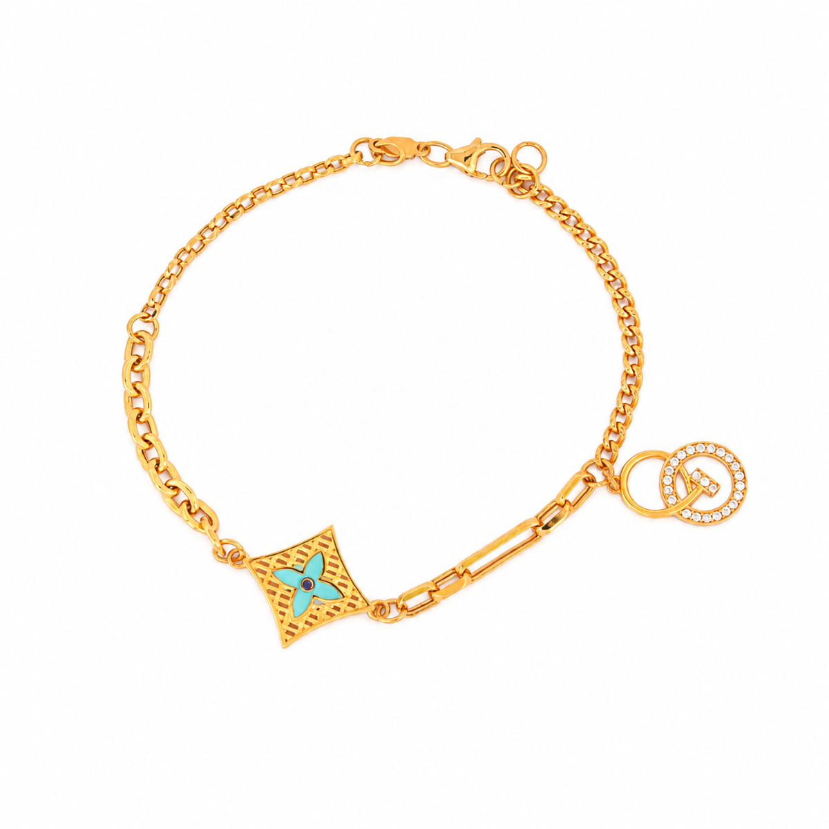 The Mina Bracelet 21k yellow gold bracelet with turquoise enamel and man-made stones