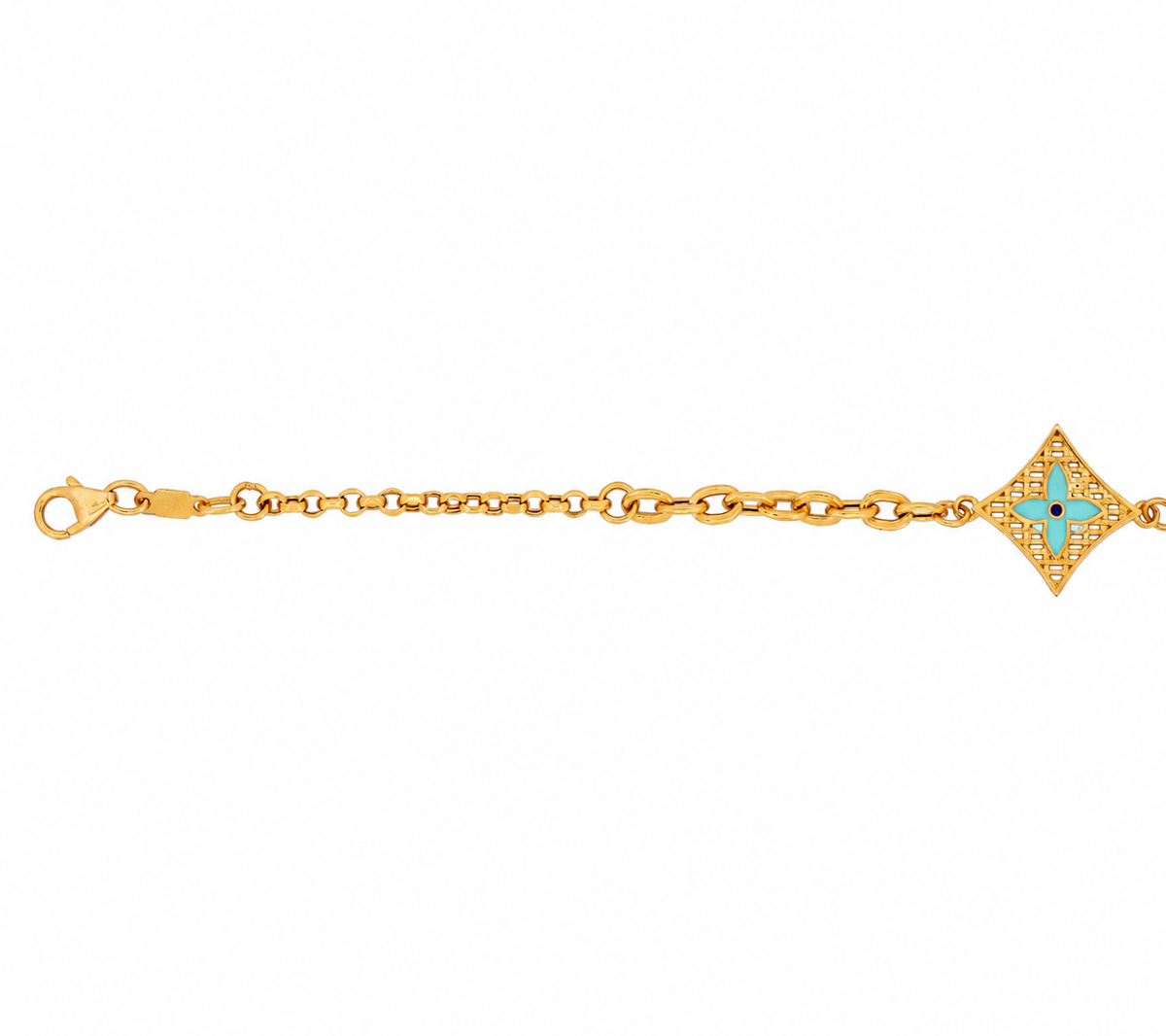 The Mina Bracelet 21k yellow gold bracelet with turquoise enamel and man-made stones